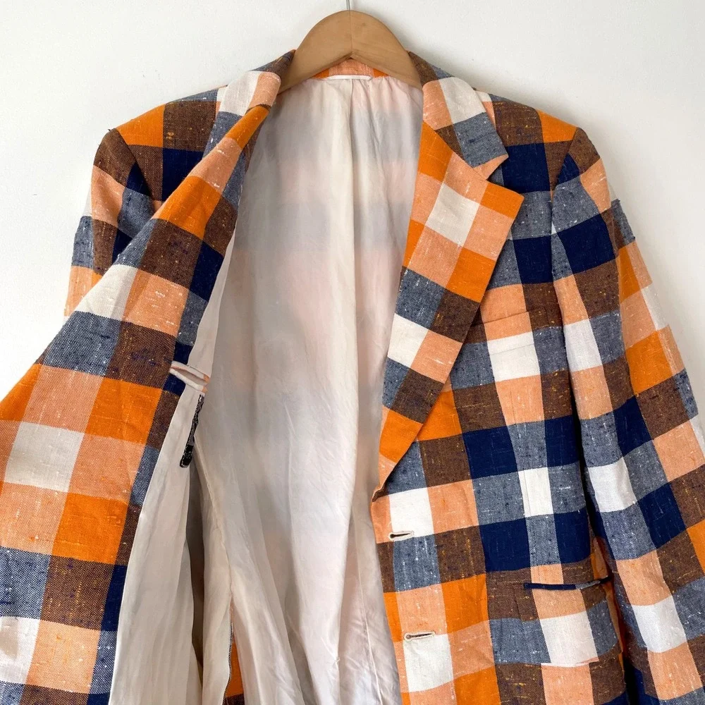 Vintage Plaid Blazer Sport Coat Textured Slub Two Button XL Retro Preppy 70s